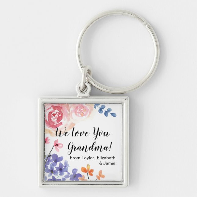 Personalised watercolor flower We love you Grandma Key Ring (Front)