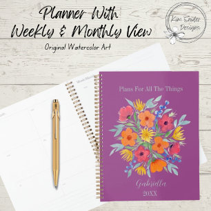 Personalised Watercolor Flowers on Purple Planner