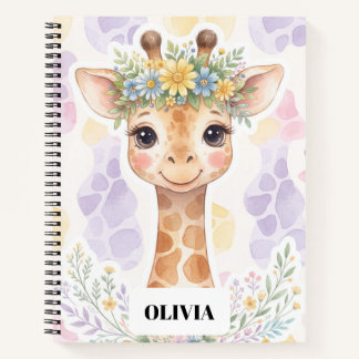Personalised Watercolor Giraffe Floral Spiral Notebook