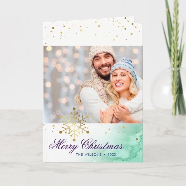 Personalised Watercolor Gold Merry Christmas Photo Holiday Card (Front)