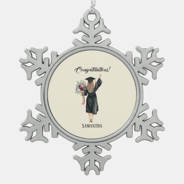 Personalised Watercolor Graduation (8) Snowflake Pewter Christmas Ornament (Front)