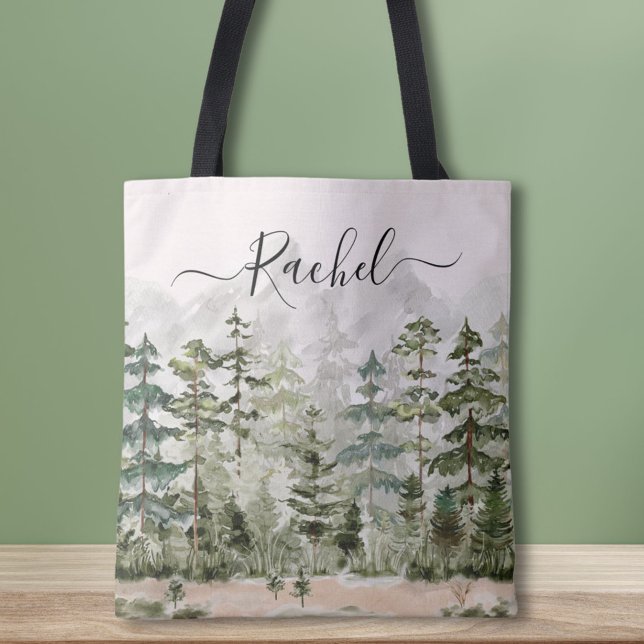 Personalised Watercolor Green Pine Forest Mountain Tote Bag (In situ)