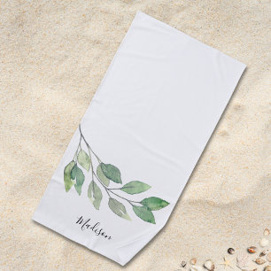 Personalised Watercolor Greenery Beach Towel