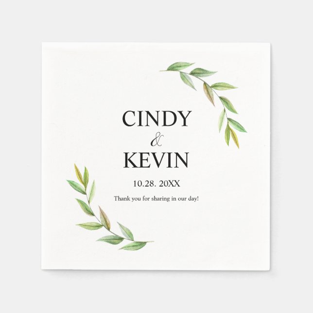Personalised Watercolor Greenery Leaves Wedding Napkin (Front)