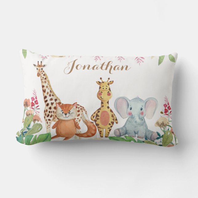 Personalised watercolor greenery nursery baby gift lumbar cushion (Front)