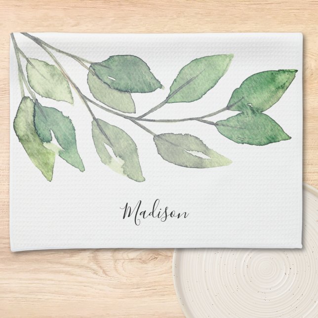 Personalised Watercolor Greenery Tea Towel (Creator Uploaded)