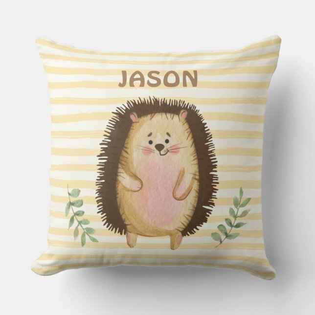 Personalised watercolor hedgehog stripes nursery cushion (Front)