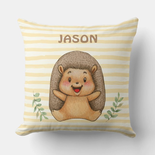 Personalised watercolor hedgehog stripes nursery cushion (Front)