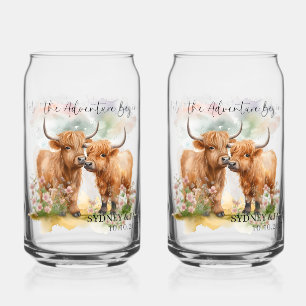 Personalised watercolor Highland cow beer can   Glass