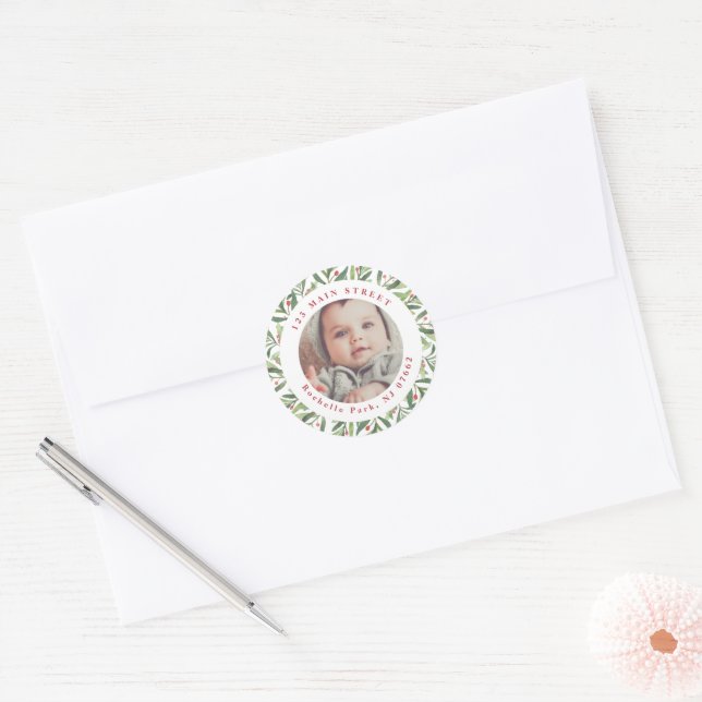 Personalised Watercolor Holly Christmas with Photo Classic Round Sticker (Envelope)