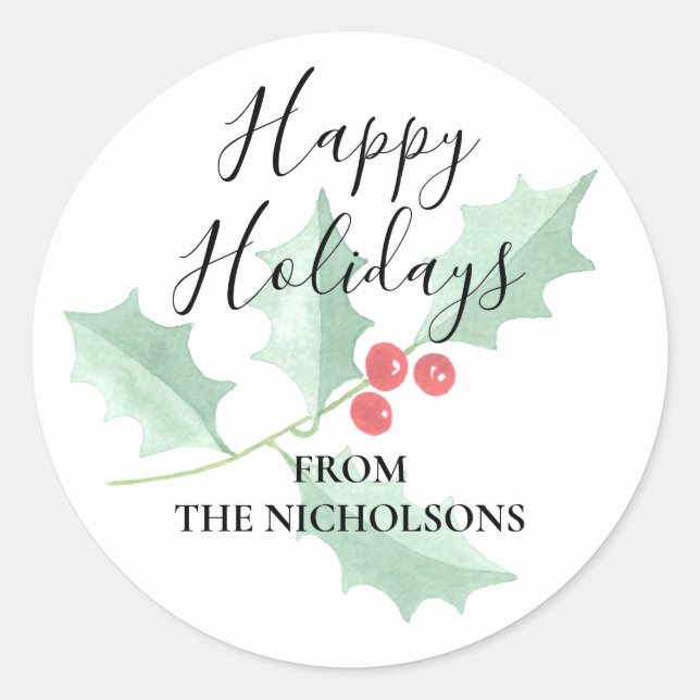 Personalised Watercolor Holly Happy Holidays Classic Round Sticker (Front)