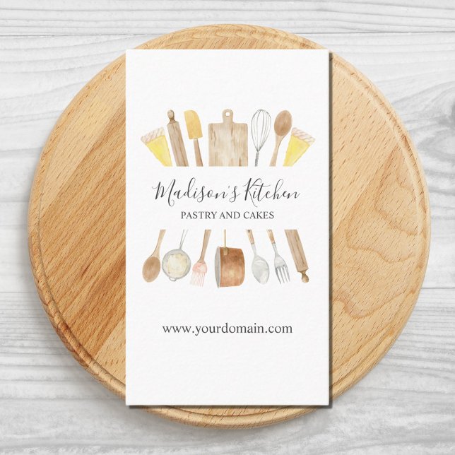 Personalised Watercolor Kitchen Baking Utensils Business Card (Close up front)