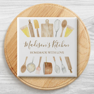 Personalised Watercolor Kitchen Cooking Utensils 15 Cm Square Badge