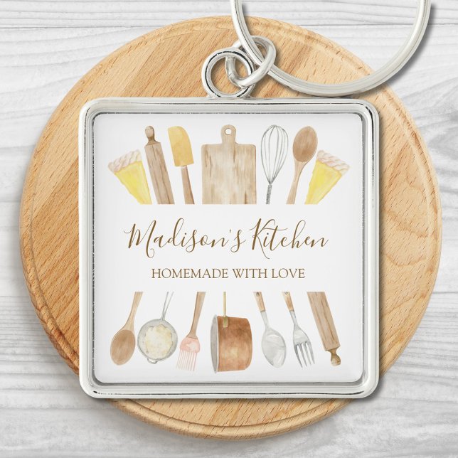 Personalised Watercolor Kitchen Cooking Utensils  Key Ring (Close up)