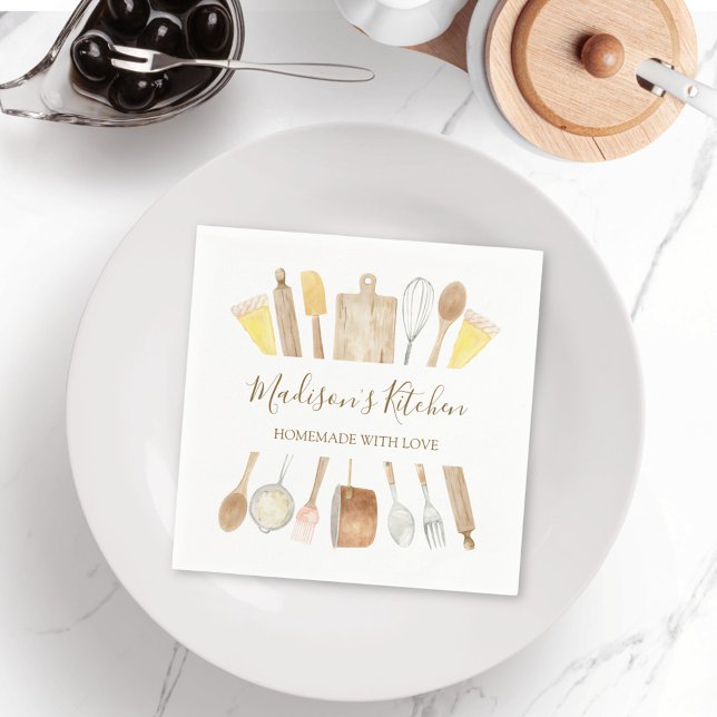 Personalised Watercolor Kitchen Cooking Utensils  Napkin (In situ)