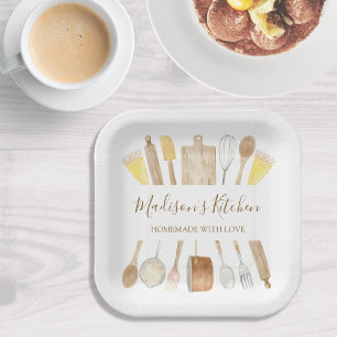 Personalised Watercolor Kitchen Cooking Utensils Paper Plate