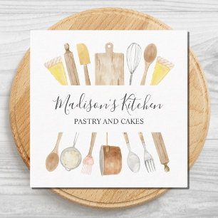 Personalised Watercolor Kitchen Cooking Utensils Square Business Card
