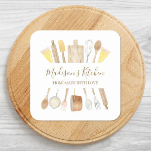 Personalised Watercolor Kitchen Cooking Utensils Square Sticker