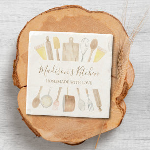 Personalised Watercolor Kitchen Cooking Utensils  Stone Coaster