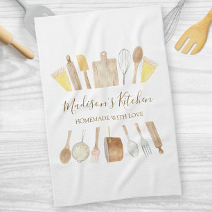 Personalised Watercolor Kitchen Cooking Utensils Tea Towel