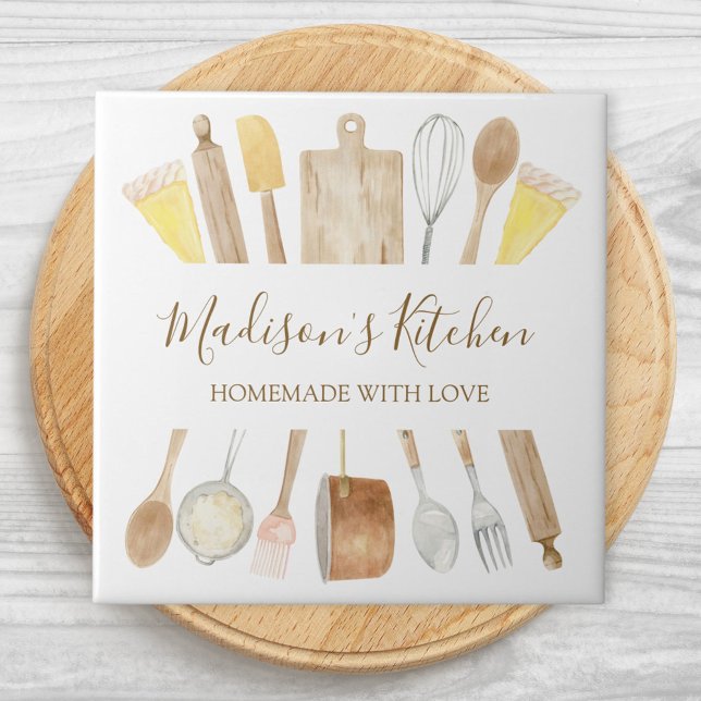 Personalised Watercolor Kitchen Cooking Utensils  Tile (Close up)