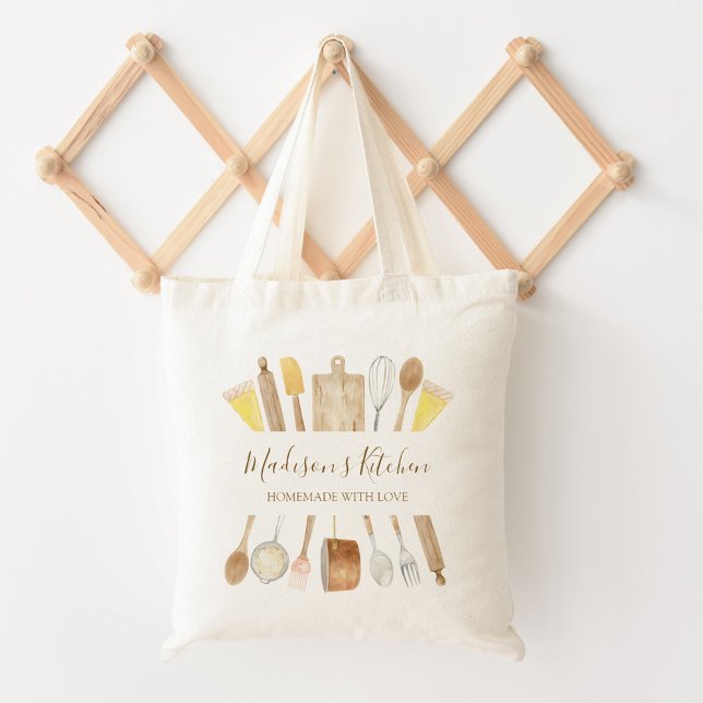 Personalised Watercolor Kitchen Cooking Utensils  Tote Bag (Close up)