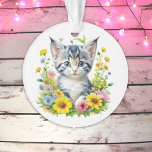 Personalised Watercolor Kitten Flowers Christmas Ornament<br><div class="desc">Personalised Christmas ornament. Ai art depicting a cute little grey striped tabby cat kitten sitting in a bunch of pretty yellow,  pink and blue flowers.</div>