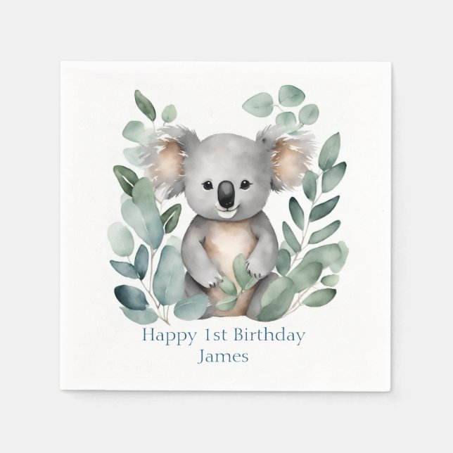 Personalised Watercolor Koala Bear Birthday  Napkin (Front)