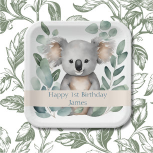 Personalised Watercolor Koala Bear Birthday  Paper Plate