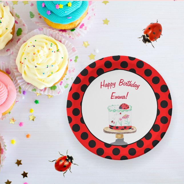 Personalised Watercolor Ladybug Cake Birthday Paper Plate (Creator Uploaded)