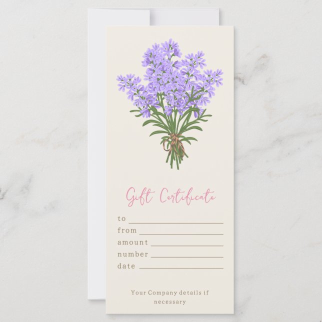 Personalised Watercolor Lavender Gift Certificate (Front)