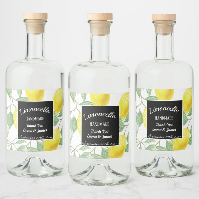 Personalised Watercolor Lemon Leafs Black Liquor Bottle Label (Bottles)
