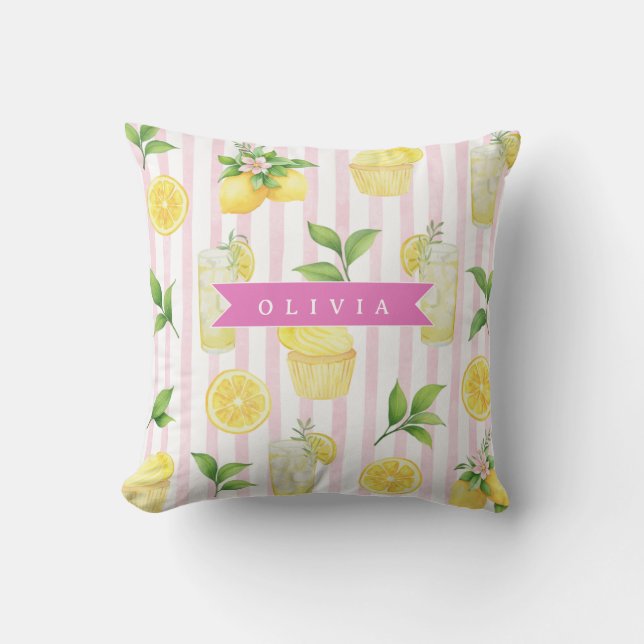 Personalised Watercolor Lemonade Cupcake Stripe Cushion (Front)