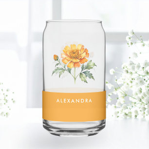 Personalised Watercolor Marigold Orange Floral Can Glass