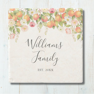 Personalised Watercolor Orange Elegant Family Name Stone Coaster