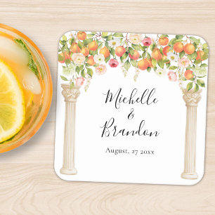 Personalised Watercolor Orange Elegant Wedding Square Paper Coaster
