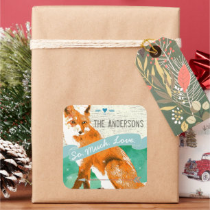 Personalised Watercolor Orange Fox Barn Wood Square Sticker