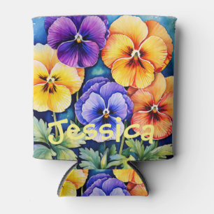 Personalised Watercolor Pansies can cooler