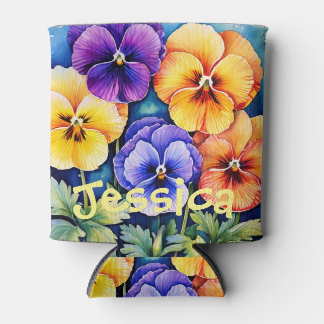 Personalised Watercolor Pansies can cooler (Front)