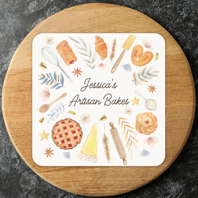 Personalised Watercolor Pastry Baking Bakery Square Sticker (Close up)