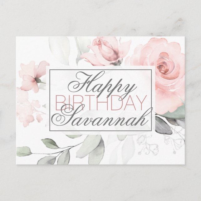Personalised Watercolor Pink Floral Happy Birthday Postcard (Front)