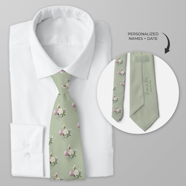 Personalised Watercolor Pink Roses Tie (Sage green personalized wedding tie with pink roses)