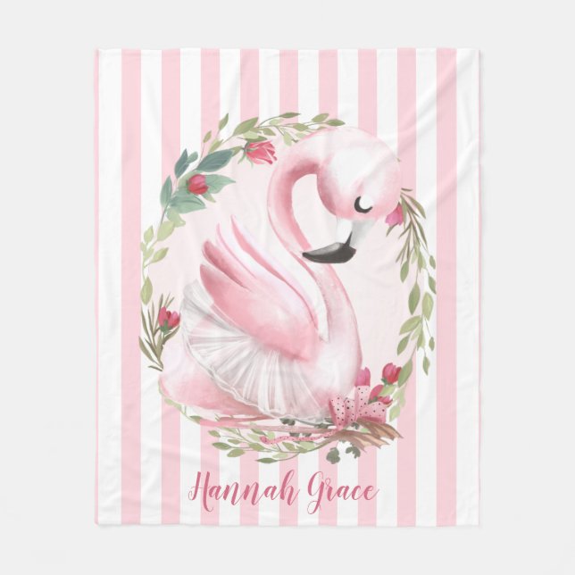 Personalised Watercolor Pink Swan Name Fleece Blanket (Front)