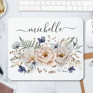 Personalised Watercolor Pretty Beige Blue Floral  Mouse Pad