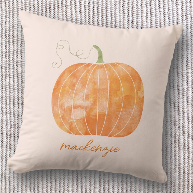 Personalised Watercolor Pumpkin Autumn Fall Cushion (Watercolor pumpkin personalized custom script name autumn fall decor cozy throw pillow)