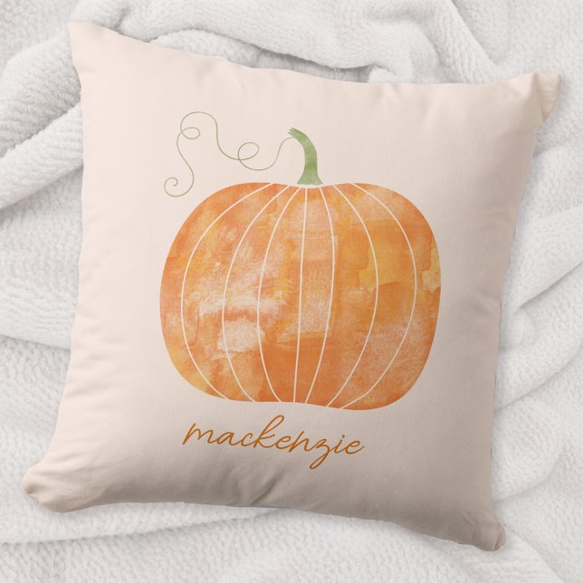 Personalised Watercolor Pumpkin Autumn Fall Cushion (Watercolor pumpkin personalized custom script name autumn fall decor cozy throw pillow)