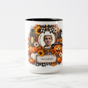 Personalised Watercolor Pumpkin Halloween Photo Na Two-Tone Coffee Mug