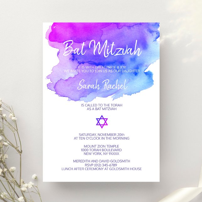 Personalised Watercolor Purple Blue Bat Mitzvah Invitation (Creator Uploaded)
