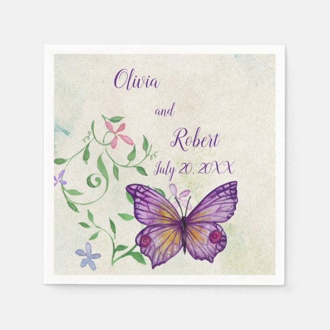 Personalised watercolor purple butterfly napkin (Front)