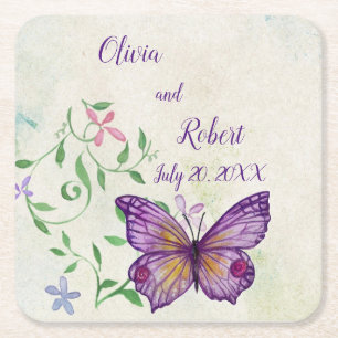 Personalised watercolor purple butterfly square paper coaster